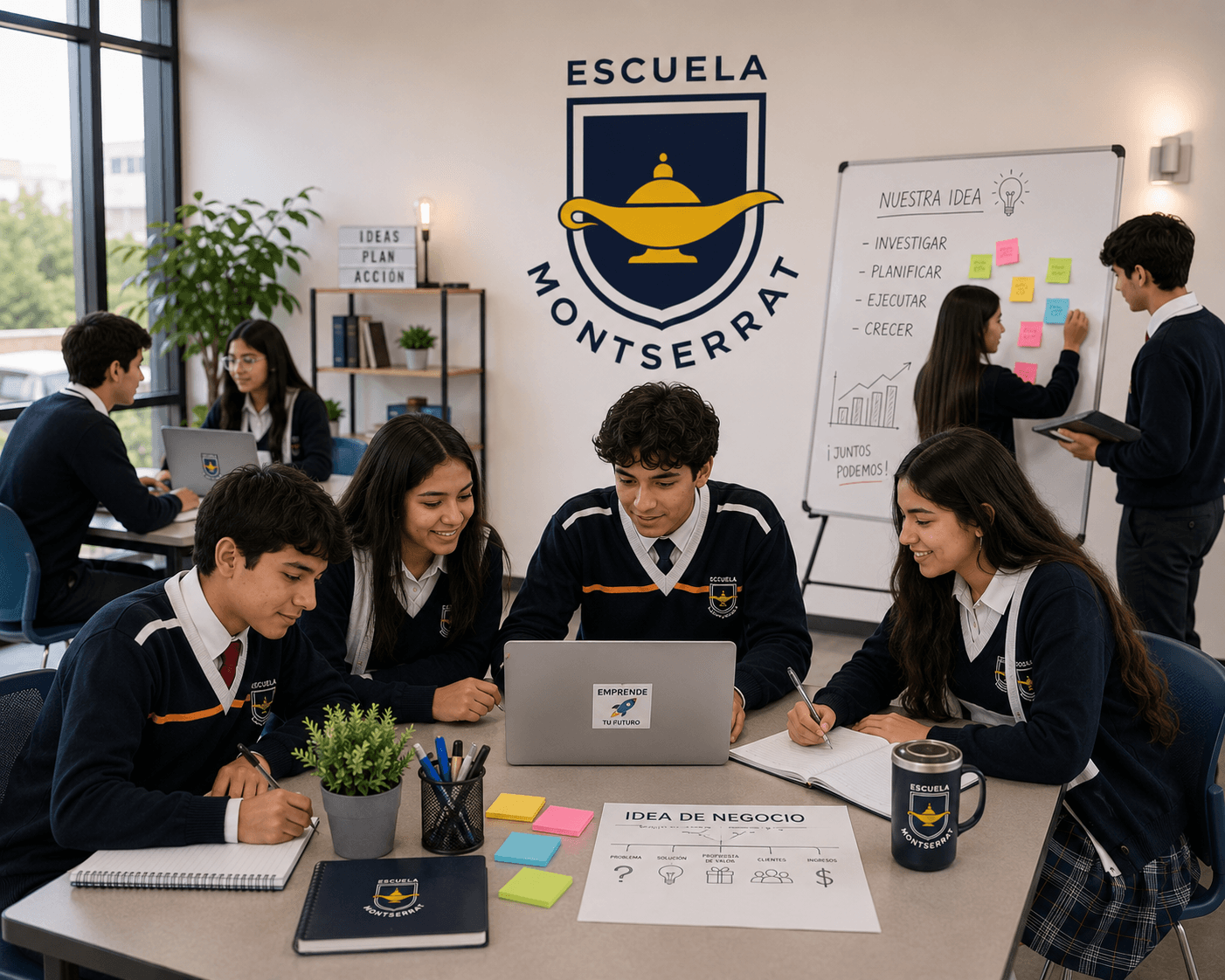 Grupo de estudiantes colaborando en un proyecto de emprendimiento