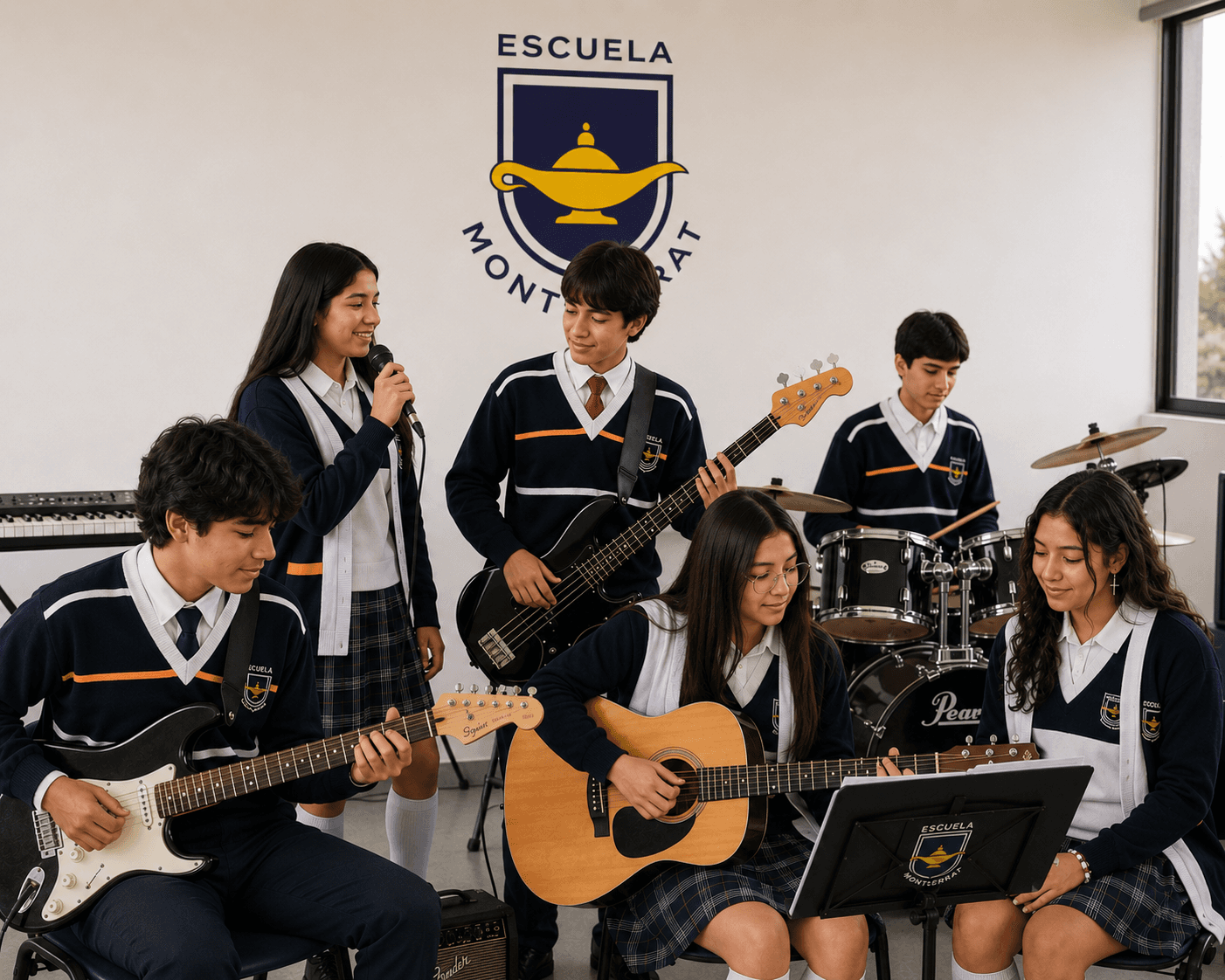 Estudiante practicando con un instrumento musical en el salón de clases